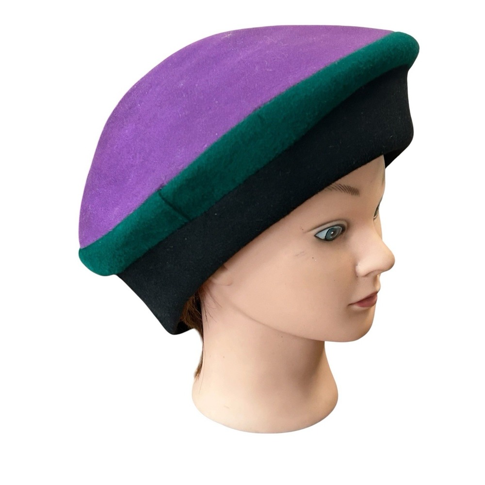 Vintage 1980s Frank Olive Color Block Wool Felt Hat Purple Green Black Excello